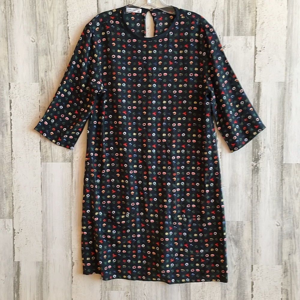 Equipment Silk Black Floral Shift Dress with Multicolor Tiny Blooms M
